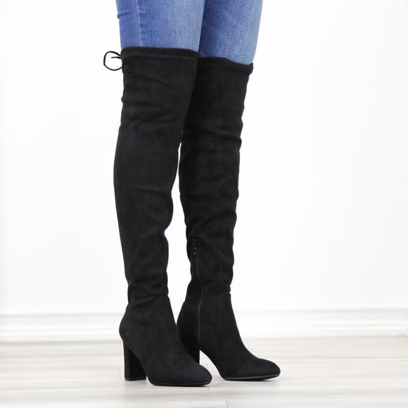 Black Thigh High Over The Knee  Block High Heel Boots Pointy Toe Faux Suede - Picture 2 of 15